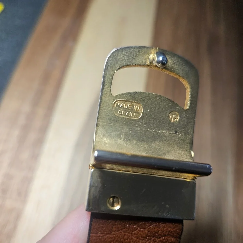Vintage Reversible Belt Made in Spain Black Brown Gold Shield Buckle 36